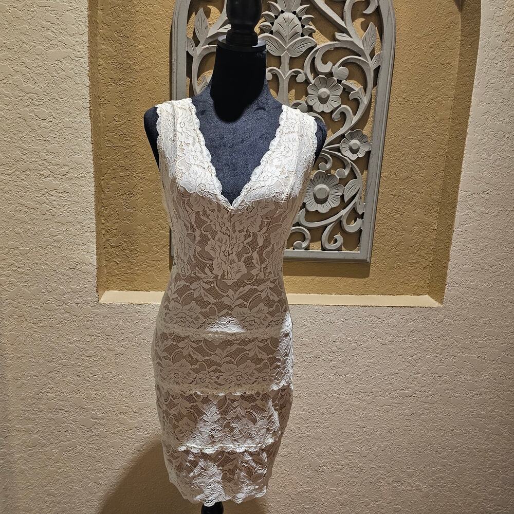 Guess XS Nude Lace Sheath Dress Cocktail Wedding Guest Romantic Chic Coquette - Picture 2 of 11
